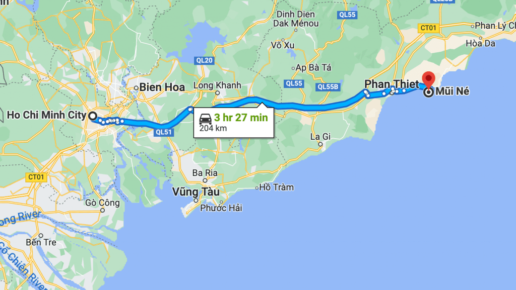 Distance and travel time from Ho Chi Minh City to Mui Ne