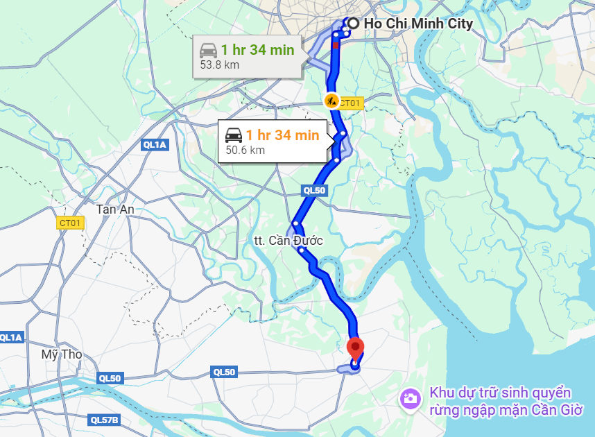 Go Cong map showing car route from Ho Chi Minh City